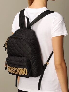 Moschino Black Quilted Backpack with Gold Details